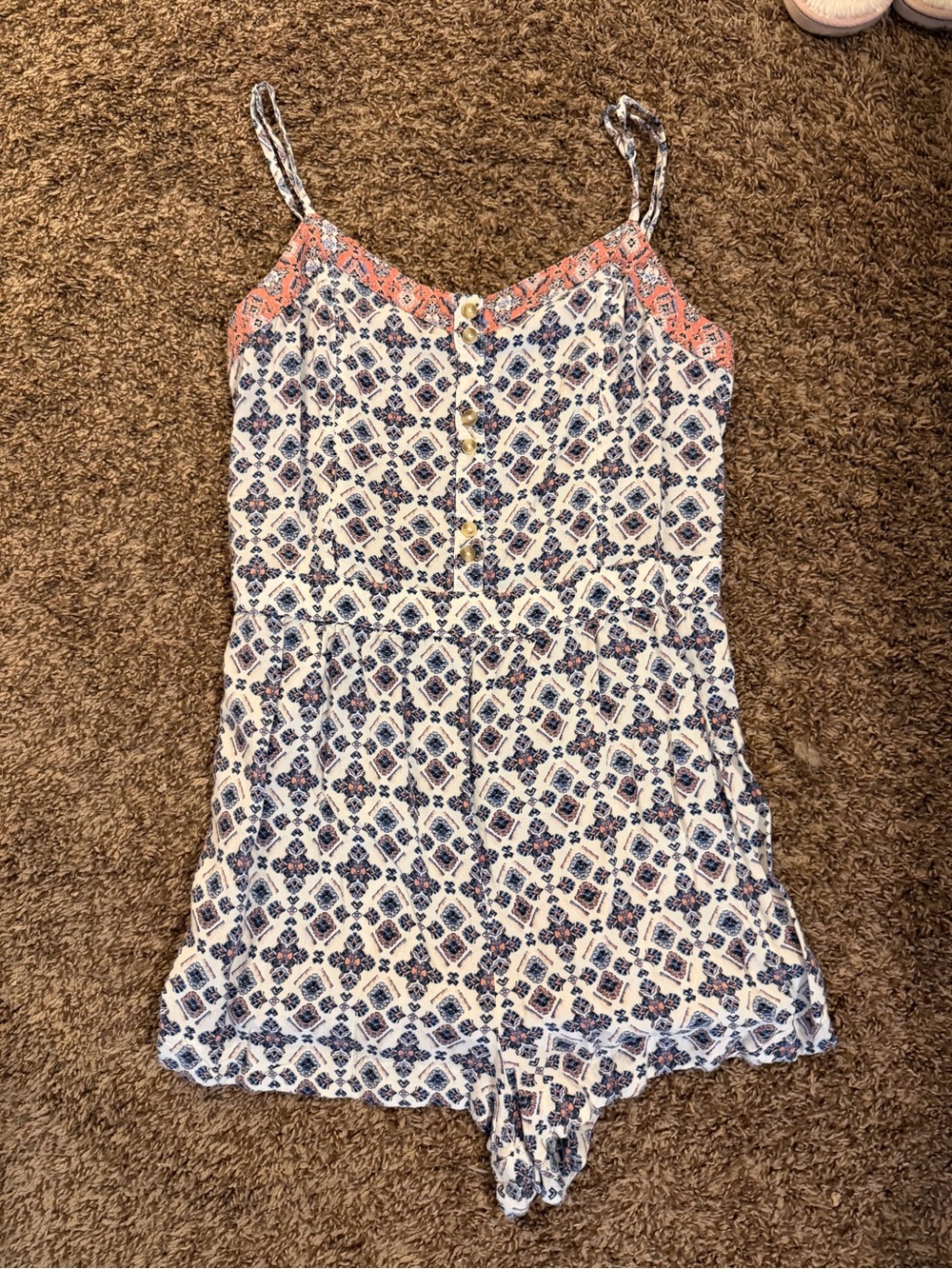 American Eagle Outfitters White Romper with Navy Print and Coral Trim